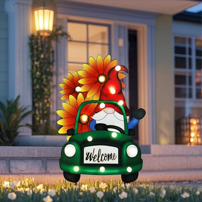 WONDER GARDEN Decorative Garden Stakes - Lighted Gnome Drive Truck Yard Sign Stakes with Sunflower, Spring Welcome Signs for Outdoor, Porch, Yard,Flower Bed Decor