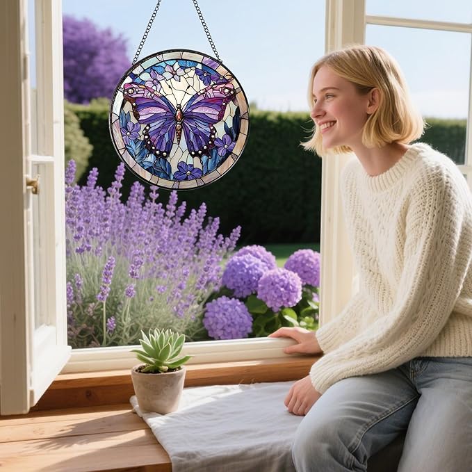 Rngmsi Butterfly Stained Glass Window Hanging Gifts, 7.8″ Sun Catchers for Indoor Window Decor, Decorative Sun Catchers Home Wall Art Gift for Thanksgiving Christmas Wedding Housewarming