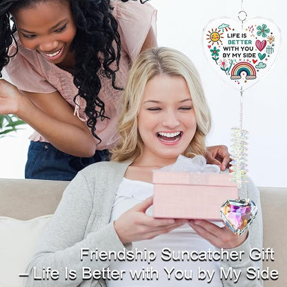 Gifts for Girlfriend, Best Friend, Sisters, Mom,Daughters,Crystal Suncatcher Ornament with Quote “Life is Better with You by My Side”Birthday Gifts,Window Hanging Decor