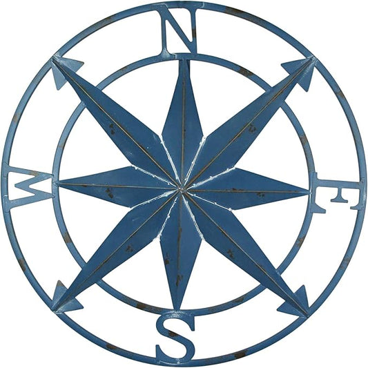 Distressed Blue Metal Compass Rose Wall Decor - Indoor/Outdoor Hanging Art - 20 Inches in Diameter - Easy Install - Coastal Elegance and Nautical Charm