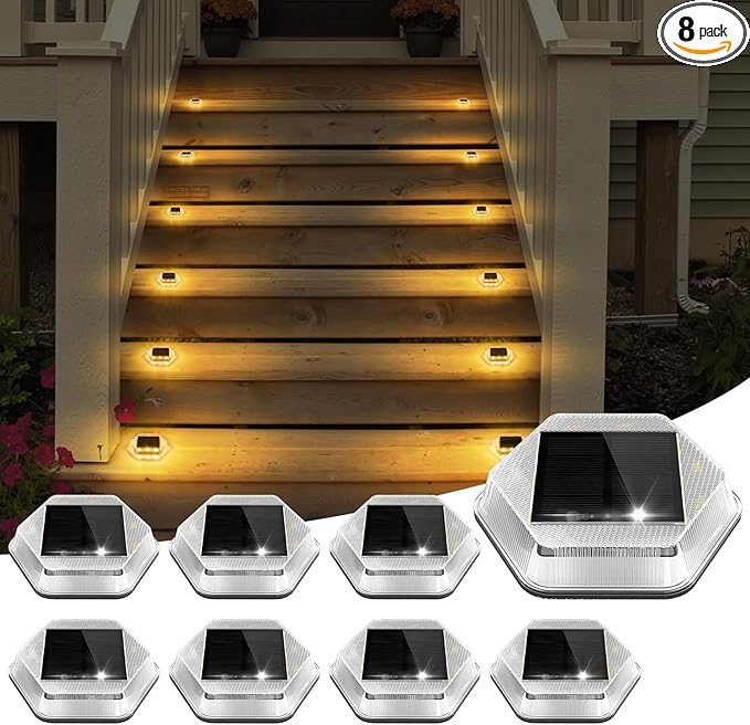 Solar Deck Lights Dock Step Lights- 8 Packs Waterproof 1200mAh Auto ON/Off LED Solor Powered Stair Lighting for Outdoor Garden, Patio, Pathway, Walkway, Driveway (Warm White)