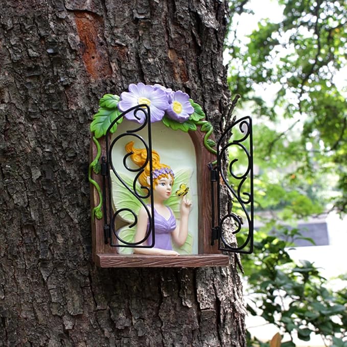 JARPSIRY Fairy Out The Window Tree Hugger Garden Statue, Glow in The Dark Resin Fairy Figurine Wall Art Sculpture Outdoor Tree Faces Decor for Patio Lawn Yard Ornaments (Green)