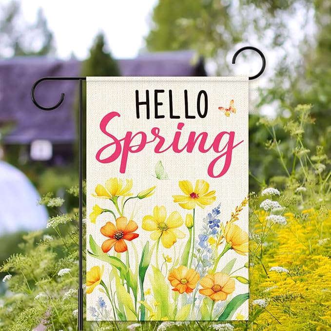 Hello Spring Garden Flag for Outside,Yellow Floral Garden Flag,Spring Flowers Yard Lawn Porch Flags for Outdoor Decorations 12x18 Inch Double Sided