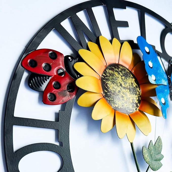Hanging Sunflower and Butterfly Welcome Wreath, Outdoor Garden Ladybug Decor for Front Door, Porch or Backyard, Metal Construction