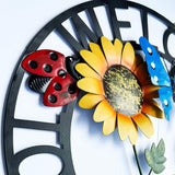 Hanging Sunflower and Butterfly Welcome Wreath, Outdoor Garden Ladybug Decor for Front Door, Porch or Backyard, Metal Construction