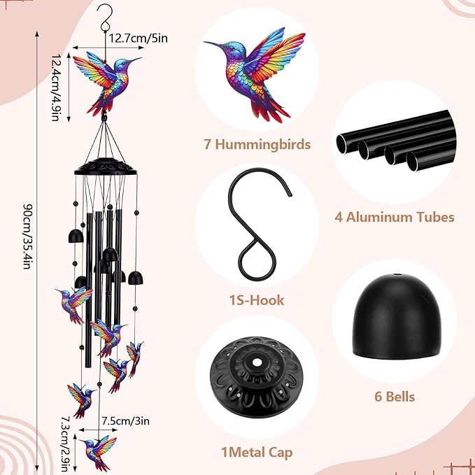 Hummingbird Wind Chimes for Outside Black Metal Windchimes Outdoors Hummingbirds Gifts for Women/Men Garden/Yard Decor Memorial/Birthday Gifts for Grandma/Mom Durable Chimes for Outdoors