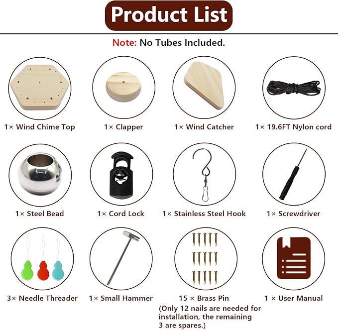 Wind Chime Kit 28 PCS Wind Chime Replacement Parts Including Hexagon Top, Clapper, Wind Catcher, 19.6FT Nylon Cord, DIY Wood Windchime Supplies (Wood)