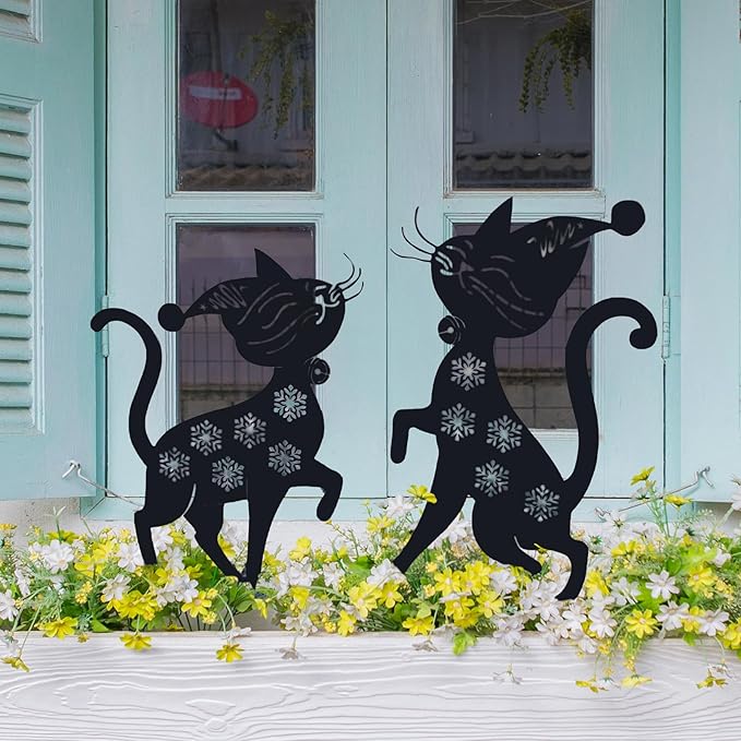 Metal Funny Cat Garden Decor for Outside (2 Pack), 14" Yard Art Stakes,Unique Gift for Kitty Lovers, Outdoor Lawn Statues and Weather Resistant Yard Art