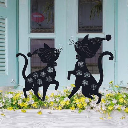 Metal Funny Cat Garden Decor for Outside (2 Pack), 14" Yard Art Stakes,Unique Gift for Kitty Lovers, Outdoor Lawn Statues and Weather Resistant Yard Art
