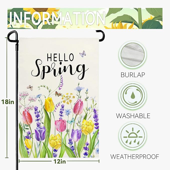 Hello Spring Tulip Garden Flag 12x18 Inch Double Sided Flowers Garden Flags Seasonal Summer Floral Yard Flags for Outside Farmhouse Outdoor Decorations