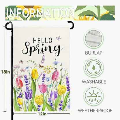 Hello Spring Tulip Garden Flag 12x18 Inch Double Sided Flowers Garden Flags Seasonal Summer Floral Yard Flags for Outside Farmhouse Outdoor Decorations