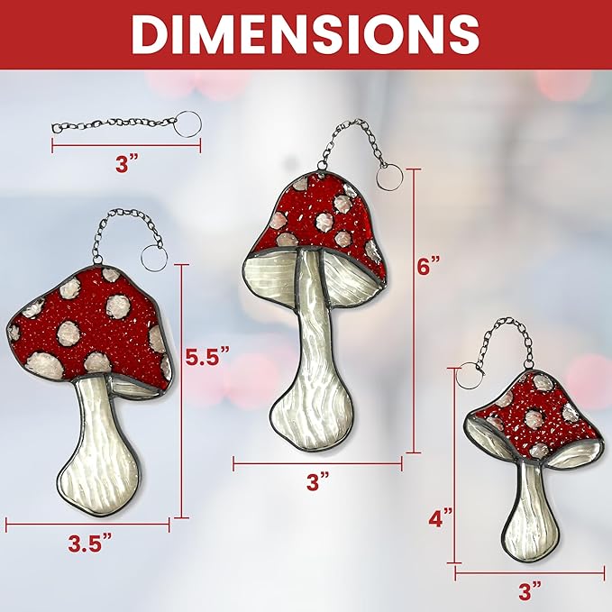 Mushroom Stained Glass Suncatcher Set – 3 Fly Agaric Hand-Painted Toadstool & Moon Window Ornaments – Boho Nature Window Décor for Home, Plant, and Mushroom Lovers