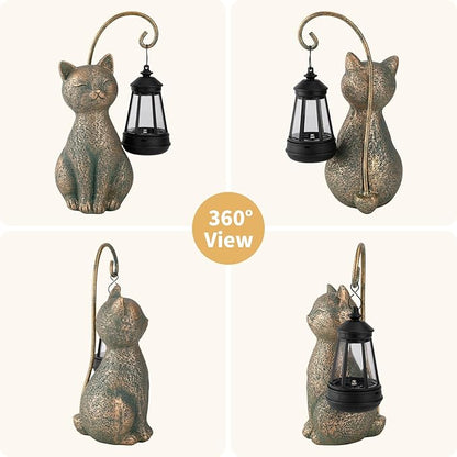 Solar Cat Garden Statue with Hanging Lantern – Waterproof Resin Outdoor Solar Cat Figurine, Decor for Yard, Patio, Balcony – Gift for Cat Lovers or Gardeners