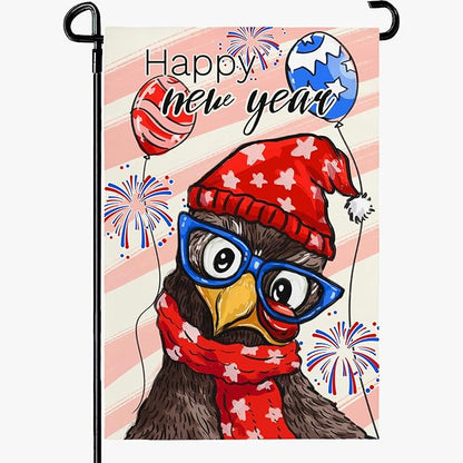 Happy New Year Chicken Garden Flag Funny Rooster with Glasses Balloons & Fireworks Yard Flags Holiday Cute Cock House Banners Decoration for Outdoor Lawn or Porch 12x18 Inch