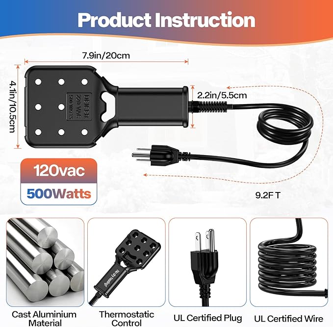 120V 500W Pond De-Icer and Chicken Water Heater for Livestock Tank Heater, Featuring Power-Off Protection, Overheating Protection, GFCI Plug & 9.2FT UL Approved Cord