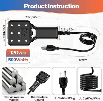 120V 500W Pond De-Icer and Chicken Water Heater for Livestock Tank Heater, Featuring Power-Off Protection, Overheating Protection, GFCI Plug & 9.2FT UL Approved Cord