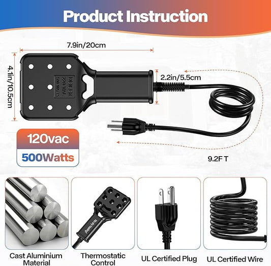 120V 800W Pond De-Icer and Chicken Water Heater for Livestock Tank Heater, Featuring Power-Off Protection, Overheating Protection, GFCI Plug & 9.2FT UL Approved Cord