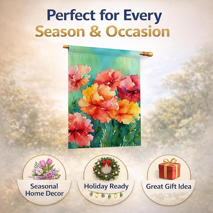 Caroline's Treasures Ohio Scarlet Carnations in Watercolor House Flag Large Porch Sleeve Pole Decorative Outside Yard Banner Artwork Wall Hanging, Polyester, House Size, Multicolor