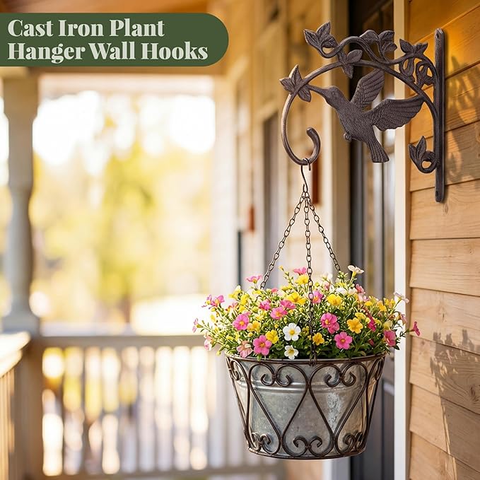 Frienda 2 Pack Cast Iron Plant Hanger Wall Hooks 11.2in Heavy Duty Hanging Plant Hooks Decorative Hummingbird Shape Brackets Vintage Metal Hanger Bracket for Hanging Baskets Bird Feeders Wind Chimes
