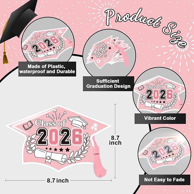Chunful 12 Pack Graduation Yard Signs Grad Decoration 2026 Happy Graduate Lawn Garden Sign with Stake Congrats Outdoor Plastic Cap Hanging Ornament for Class Pathway Walkway Porch Party(Pink White)