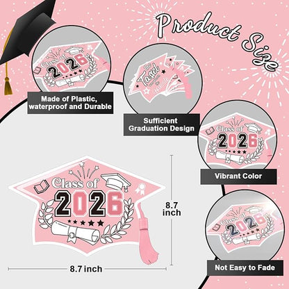 Chunful 12 Pack Graduation Yard Signs Grad Decoration 2026 Happy Graduate Lawn Garden Sign with Stake Congrats Outdoor Plastic Cap Hanging Ornament for Class Pathway Walkway Porch Party(Pink White)