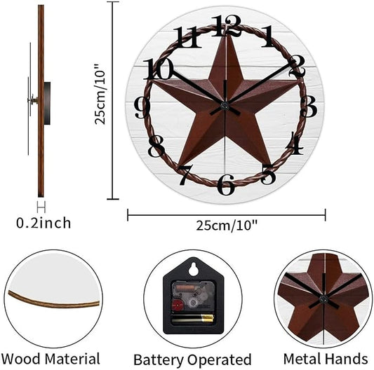 Round Farmhouse Wall Clock Western Texas Star Rustic Style Wood Clock Silent Non-Ticking Battery Operated Easy to Read Antique Wall Art Time Clock for Living Room Bathroom Bathroom 10 Inch
