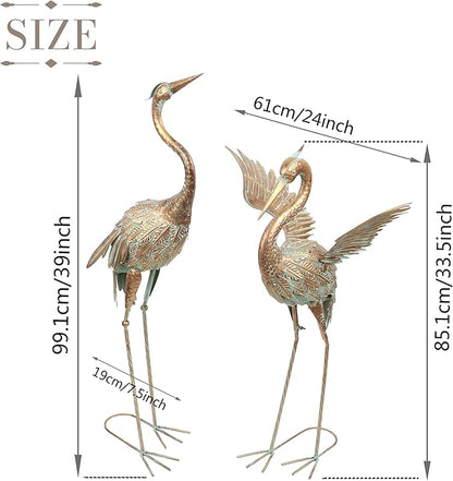 TERESA'S COLLECTIONS Garden Decor, Set of 2 Cranes Garden Decor, 33-39", Elegant Cranes with Golden Painting, Waterproof Metal Garden Statue, Herons Gifts Birthday Gifts for Women Mom