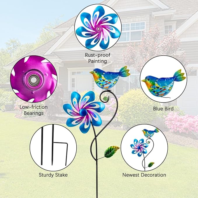 Wind Spinners Outdoor, Kinetic Metal Wind Spinner, Decorative Glass Bird Windmill Waterproof Pinwheels for Yard and Garden Decor