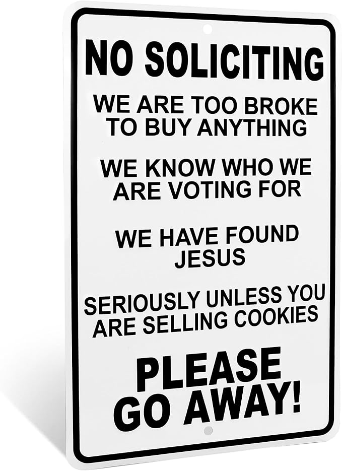 No Soliciting Sign for House – Funny No Soliciting Sign for Front Door, Unless You're Selling Cookies - Outdoor Metal Wall Art for Home Porch, Yard, Business - Funny Solicitation House Decor 12"x8"
