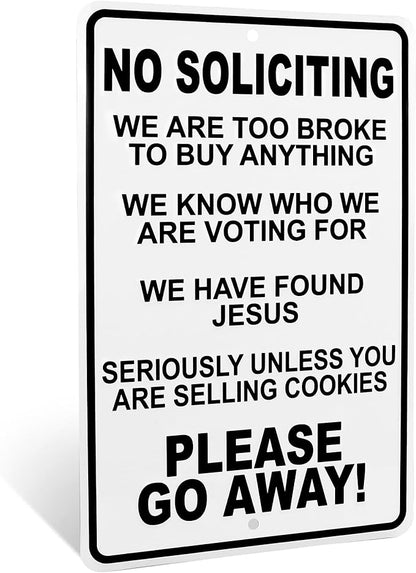 No Soliciting Sign for House – Funny No Soliciting Sign for Front Door, Unless You're Selling Cookies - Outdoor Metal Wall Art for Home Porch, Yard, Business - Funny Solicitation House Decor 12"x8"