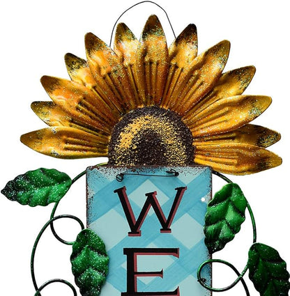Attraction Design Welcome Sign for Front Door Decor Hanging Sign, Metal Flower Welcome Door Sign Wall Art Decor Hanging for Indoor Outdoor Patio Garden Yard Sign Porch Decoration 15.25X8.5In (B)