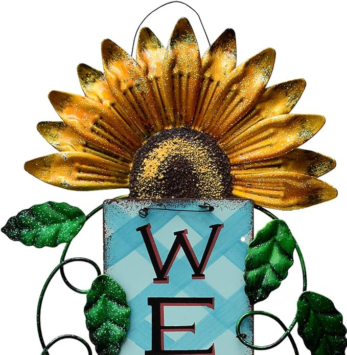 Metal Welcome Sign Hanging Flower Signs Wreath Decor - Rustic Decorative Door Hanger Indoor Outdoor Spring Decoration for Front Door Porch Wall (Yellow)