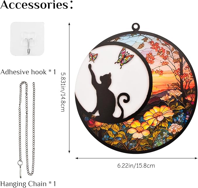 Stained Glass Window Hanging, 1 Pack Black Cat On The Moon Suncatcher Ornament Decor Stained Glass Cat Memorial Gifts