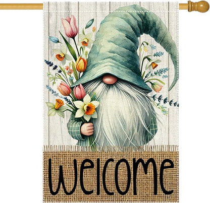 Welcome Spring Garden Flag 28x40 inch Burlap Double Sided Gnome Colorful Floral Small Summer Garden Flags Decorations For Outside Yard Home Outdoor Patio Lawn Decor (RMQ-186, 28"X40")