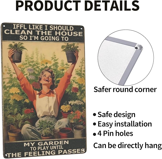 Retro Tin Sign Plant a Garden, Play Until Cleaning Urges Pass. Funny Wall Art Decor for Hippie, Boho, or Garden-Themed Spaces. Perfect Bathroom, Dining Room or Garden Gift. 8x12 Inches