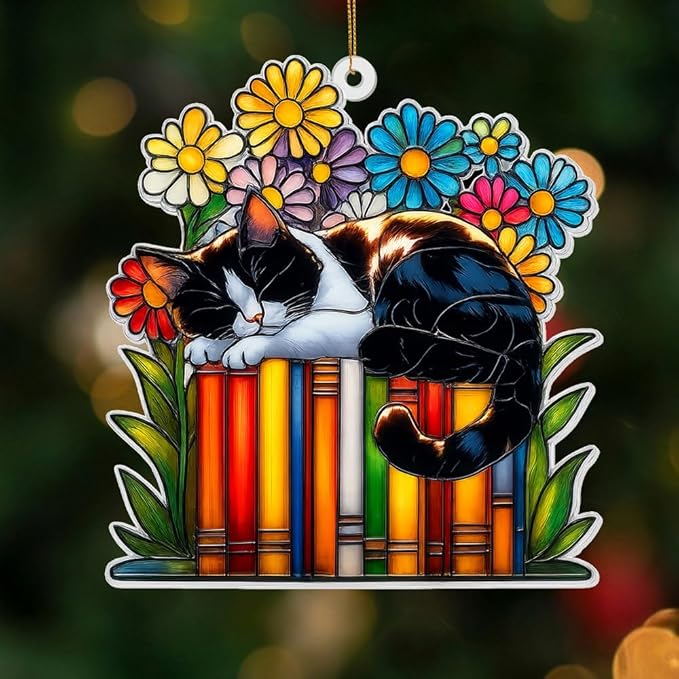 Cat Book Ornament – Stained Glass Style Acrylic Christmas Ornament, Book Lover Gifts for Women, Teacher & Librarian Holiday Decorations, Bookworm Fantasy Ornament for Reading Nook or Tree(Sun-16)