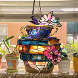 Floral Coffee Cup and Books Acrylic Suncatcher Stained Glass Effect Window Car Hanging Christmas Ornament Indoor Outdoor Decor Garden Sun Catcher Panel for Book Lover for Women Mom Grandma