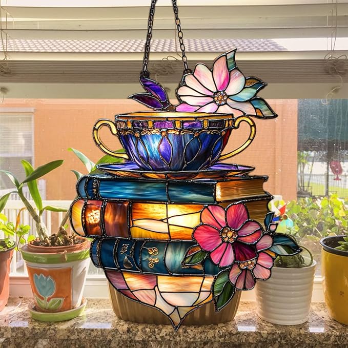 Floral Coffee Cup and Books Acrylic Suncatcher Stained Glass Effect Window Car Hanging Christmas Ornament Indoor Outdoor Decor Garden Sun Catcher Panel for Book Lover for Women Mom Grandma