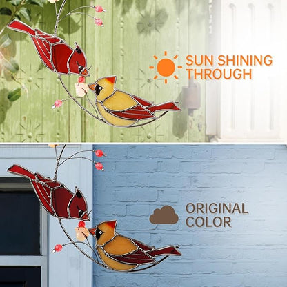 Handmade Cardinal Stained Glass Suncatchers Window Hanging Ornament for Christmas,Memorial Gifts for Women,Red Birds Sun Catcher Decora,Bird Lover Gifts,Real Glass Unique Design