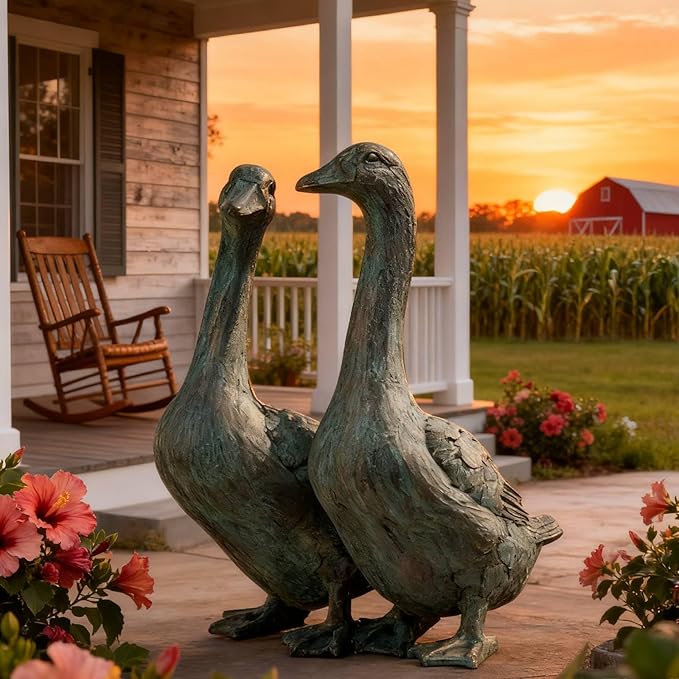 DiliComing Porch Goose Statue Set - Large Resin Outdoor Garden Decor, 17 inch Lawn Goose Sculptures Couple, Front Porch Decor Yard Art