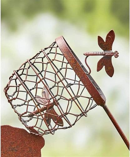 Boy Girl Silhouettes Chasing Butterfly Vintage Metal Garden Silhouette Sculpture, Yard Garden Metal Stake Rustic Decor Gift for Lawn Family Friends