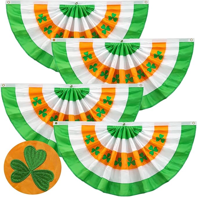 4Pack St Patrick's Day Bunting Flags 2x4 Ft Irish Pleated Half Fan Bunting with Embroidered Shamrock Ireland Patriotic Décor Banner Flag with Grommet for OutsideGarden Decor