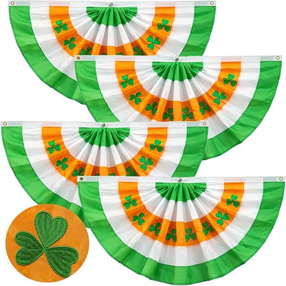 4Pack St Patrick's Day Bunting Flags 2x4 Ft Irish Pleated Half Fan Bunting with Embroidered Shamrock Ireland Patriotic Décor Banner Flag with Grommet for OutsideGarden Decor
