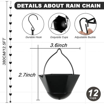 Invech 12.5FT Adjustable Rain Chains for Gutters, Outside Rain Catcher Chain with 12 Cups for Eaves Drainage, Replacement for Downpout (Black)