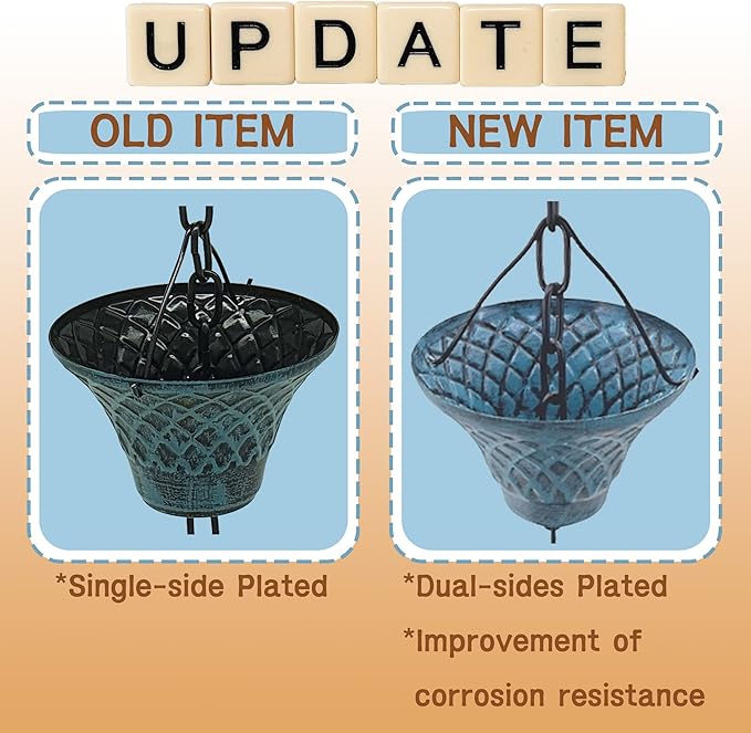 [Upgraded] 8.5FT Antique Sky Blue Colored Iron (Double-Sided) Rain Chains for Gutter and Rain Barrel, Rust-Resistant Plated Garden Décor Rain Chain for Downspout (not Included an Adapter)