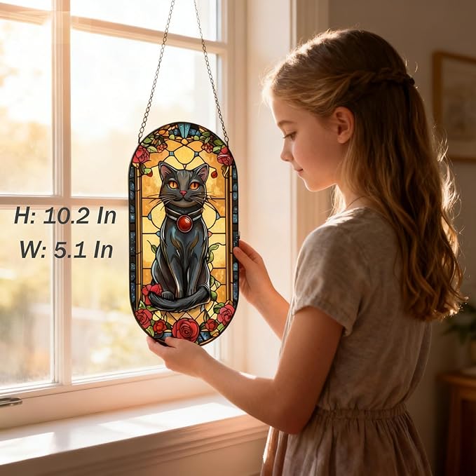 Stained Glass Window Hanging, Black Cat Sun Catcher for Window Door Wall Home Kitchen Living Room Meditation Decoration, Gifts for Women, Daughter, Mom, Father, Mother's Day Birthday