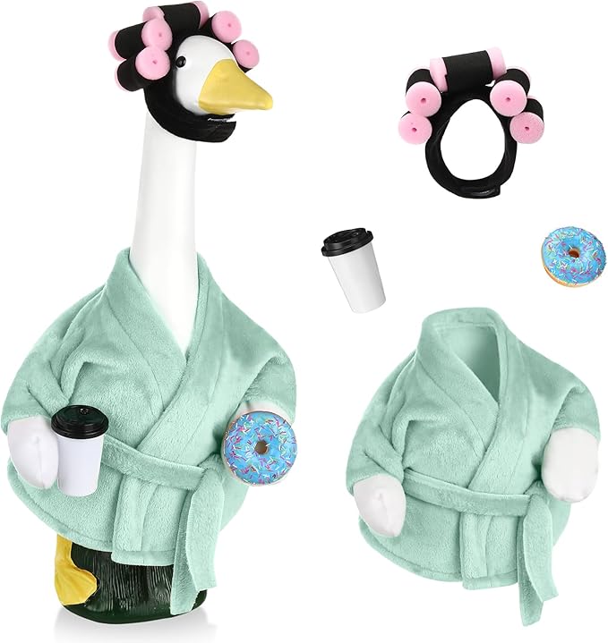 Porch Goose Outfits for 23 Inch Lawn Goose Statue, Green Bathrobe Clothes with Hair Curlers, Coffee Cup & Donut Accessories for Funny Spa Yard Garden Patio Decor