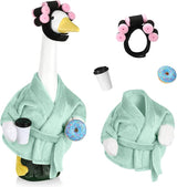 Porch Goose Outfits for 23 Inch Lawn Goose Statue, Green Bathrobe Clothes with Hair Curlers, Coffee Cup & Donut Accessories for Funny Spa Yard Garden Patio Decor