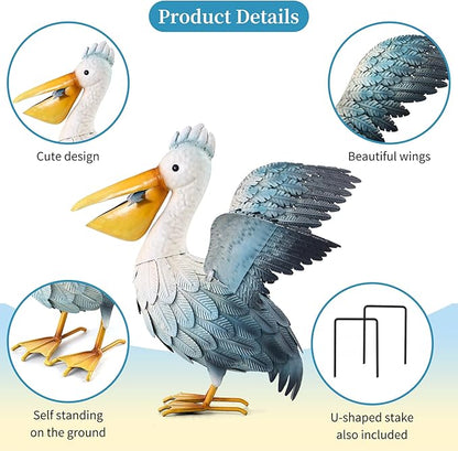 Ratuor Metal Pelican Garden Statue Outdoor Decor, Metal Yard Art Decoration Coastal Bird Garden Decor Lawn Ornament for Porch Patio