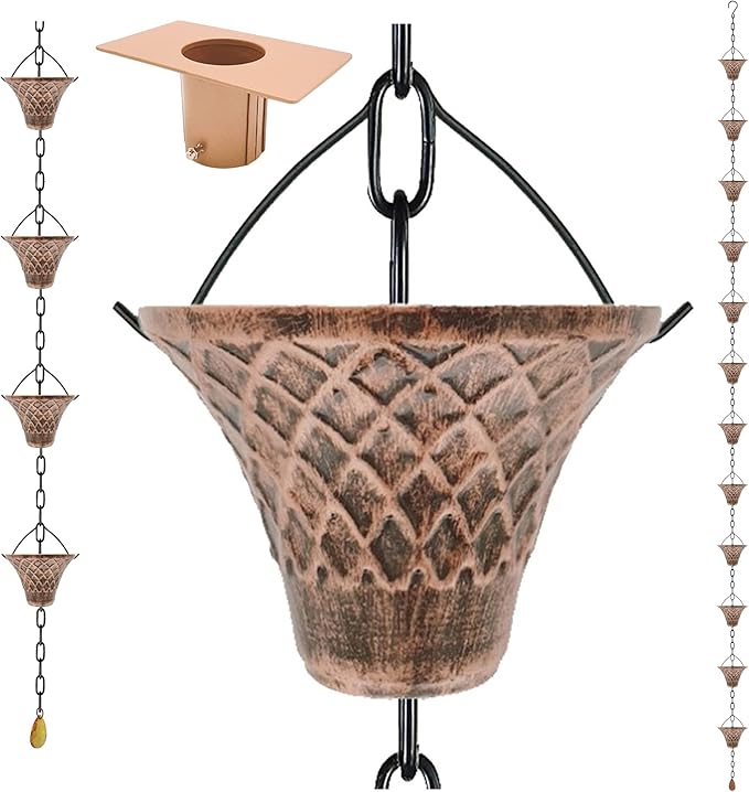 8.5FT Bell Iron Rain Chains for Gutter and Rain Barrel, Rust-Resistant Plated Garden Décor for Downspout, Bonus Rain Chain Gutter Adapter (Antique-Copper)